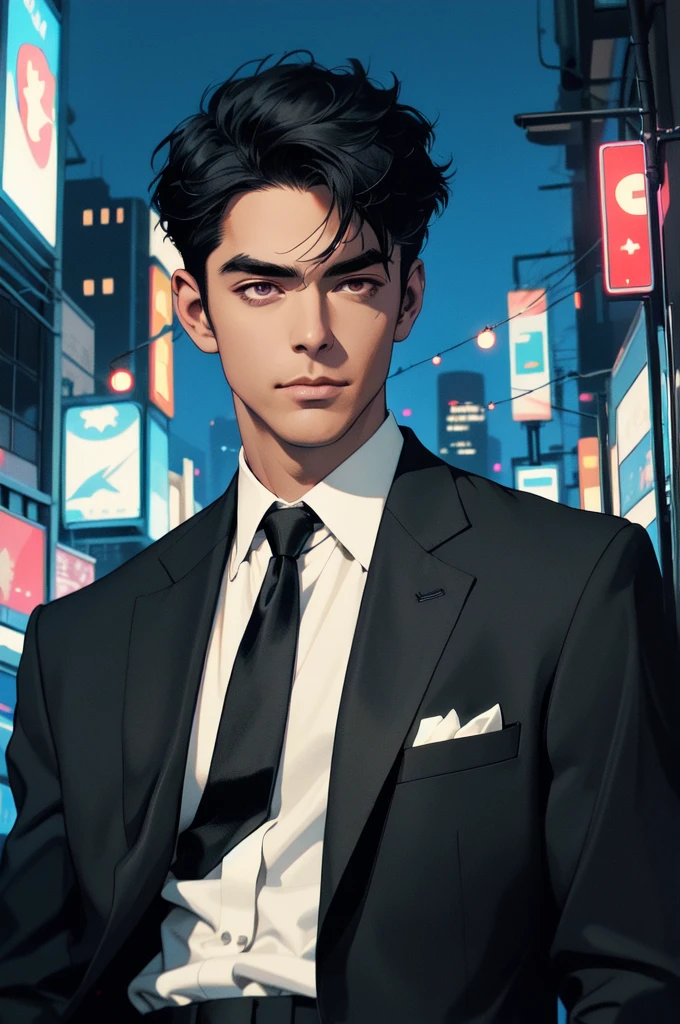 (ridiculous, high resolution, super detailed, realistic,), 1 male, soloist, handsome, cool, handsome, extremely short hair, black hair, brown eyes, delicate face, thick eyebrows, night, dark color, night city background, formal wear, tie, half, cyberpunk,