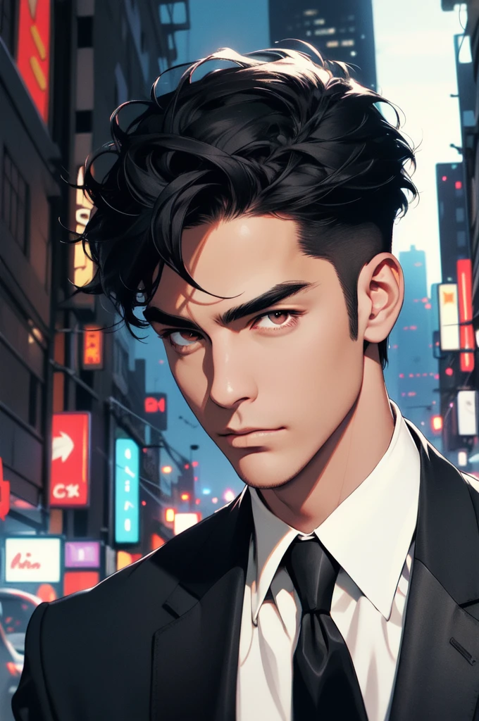 (ridiculous, high resolution, super detailed, realistic,), 1 male, soloist, handsome, cool, handsome, extremely short hair, black hair, brown eyes, delicate face, thick eyebrows, night, dark color, night city background, formal wear, tie, half, cyberpunk,