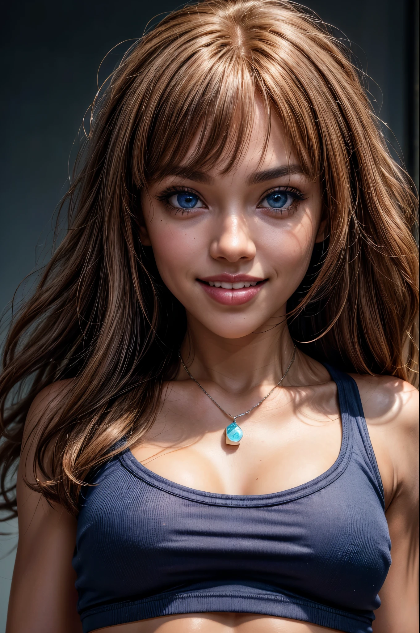 three-quarter body shot, shot, (crop top tee shirt:1.1), (tone abs:1.0), (shoulders back:1.1), (smile with mouth open:1.4), (2-front-teeth overbite:1.2), (one eyebrow raised:1.0), (looking at me:1.5) (Masterpiece, Professional lighting, 16k, 8k wallpaper, raw photo, photorealistic:1.8, ultra detailed, natural lighting, detailed skin, detailed face, detailed eyes), 1 beautiful playful girl, long curly blond hair with bangs, necklace, blue eyes, sexy gaze, (lips apart:1.2), (two front teeth overbite:1.0)