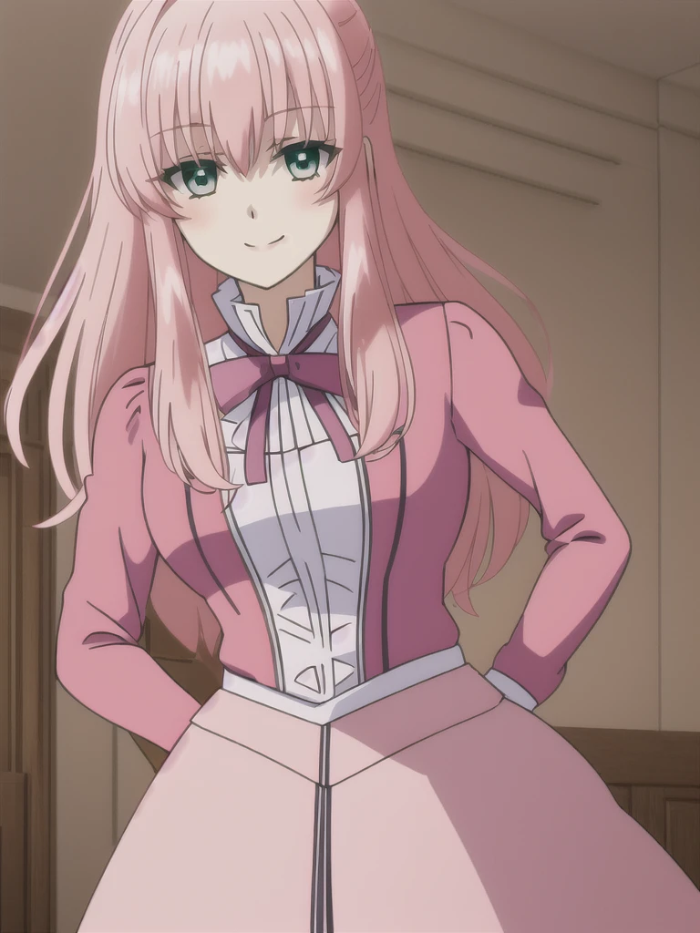 (((Best quality))),((Ultra-detailed)),((illustration)),((Disheveled hair)),((frilld)),(1 girl),
1girl , aqua eyes , bangs , bow , closed mouth , eyebrows visible through hair , green eyes , hair between eyes , hand on hip , hands on hips , indoors , leaning forward , long hair , long sleeves , looking at viewer , neck ribbon , pink hair , ribbon , school uniform , shiny , shiny hair , smile , smug , solo