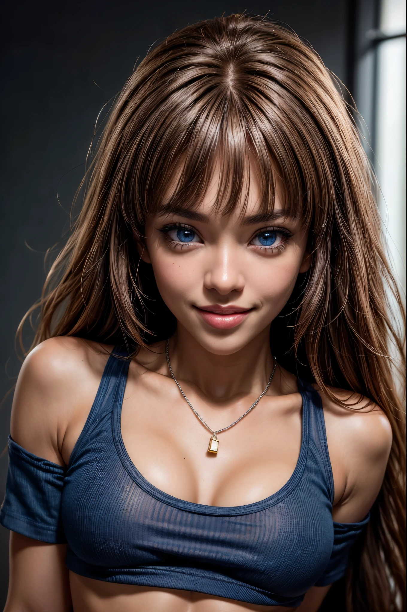 three-quarter body shot, shot, (crop top tee shirt:1.1), (tone abs:1.0), (shoulders back:1.1), (smile with mouth open:1.4), (2-front-teeth overbite:1.2), (one eyebrow raised:1.0), (looking at me:1.5) (Masterpiece, Professional lighting, 16k, 8k wallpaper, raw photo, photorealistic:1.8, ultra detailed, natural lighting, detailed skin, detailed face, detailed eyes), 1 beautiful playful girl, long curly blond hair with bangs, necklace, blue eyes, sexy gaze, (lips apart:1.2), (two front teeth overbite:1.0)