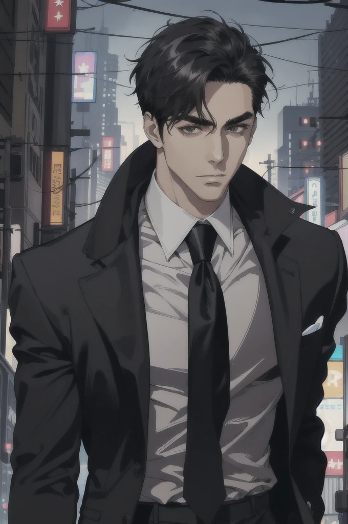(ridiculous, high resolution, super detailed, realistic,), 1 male, soloist, handsome, cool, handsome, extremely short hair, black hair, brown eyes, delicate face, thick eyebrows, night, dark color, night city background, formal wear, tie, half, cyberpunk,