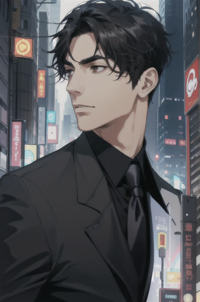 (ridiculous, high resolution, super detailed, realistic,), 1 male, soloist, handsome, cool, handsome, extremely short hair, black hair, brown eyes, delicate face, thick eyebrows, night, dark color, night city background, formal wear, tie, half, cyberpunk,