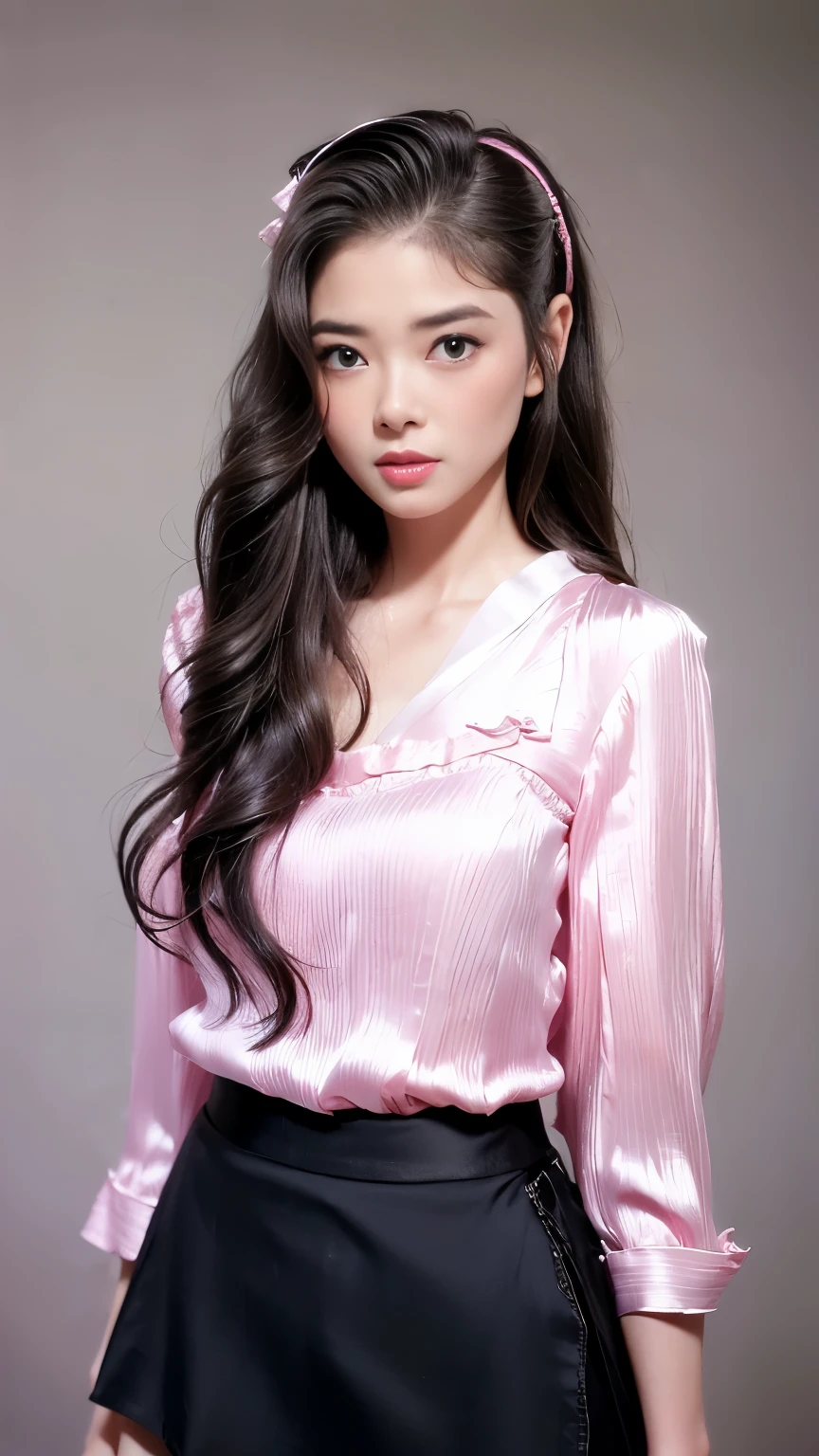best quality, Realistic, super detailed, down to the last detail, High resolution, 4k wallpaper, Beautiful woman, small breasts, light brown super long hair, wore a suit, perfect dynamic composition, beautiful and delicate eyes, delicate hair, Round face model body type、mini skirt、drooping eyes、shy smile,((Hair with loose waves inside:1.2)),((Blouses and skirts, Wearing a silk blouse, wear a shirt and skirt:1.3)), 