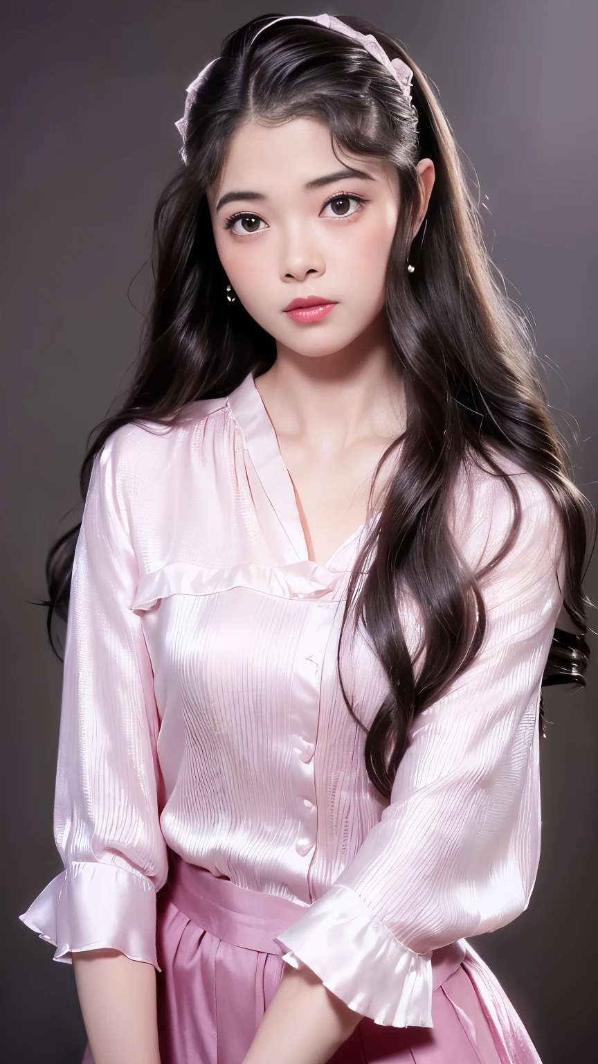 best quality, Realistic, super detailed, down to the last detail, High resolution, 4k wallpaper, Beautiful woman, small breasts, light brown super long hair, wore a suit, perfect dynamic composition, beautiful and delicate eyes, delicate hair, Round face model body type、mini skirt、drooping eyes、shy smile,((Hair with loose waves inside:1.2)),((Blouses and skirts, Wearing a silk blouse, wear a shirt and skirt:1.3)), 