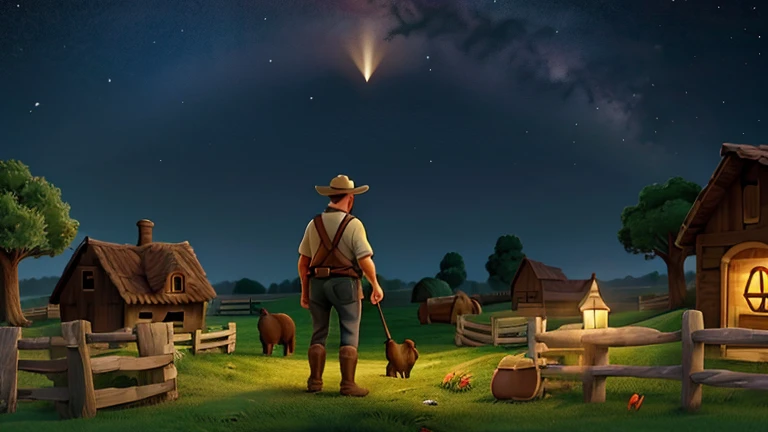 The farmer looking for his donkey in the darkness, segurando uma lanterna.