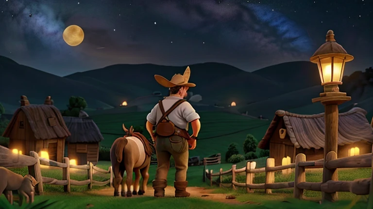The farmer looking for his donkey in the darkness, segurando uma lanterna.