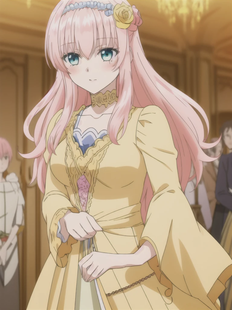 (((Best quality))),((Ultra-detailed)),((illustration)),((Disheveled hair)),((frilld)),(1 girl),
1girl , aqua eyes , bangs , blue eyes , blurry , blurry background , blurry foreground , blush , bow , breasts , choker , curtains , depth of field , dress , eyebrows visible through hair , figure , flower , focused , frilled sleeves , frills , hair flower, hair ornament , hairband , indoors , jewelry , long hair , long sleeves , looking at viewer , medium breasts , motion blur , multiple boys , photo \(medium\) , pink hair , rose , solo focus , wide sleeves , yellow flower , yellow rose
