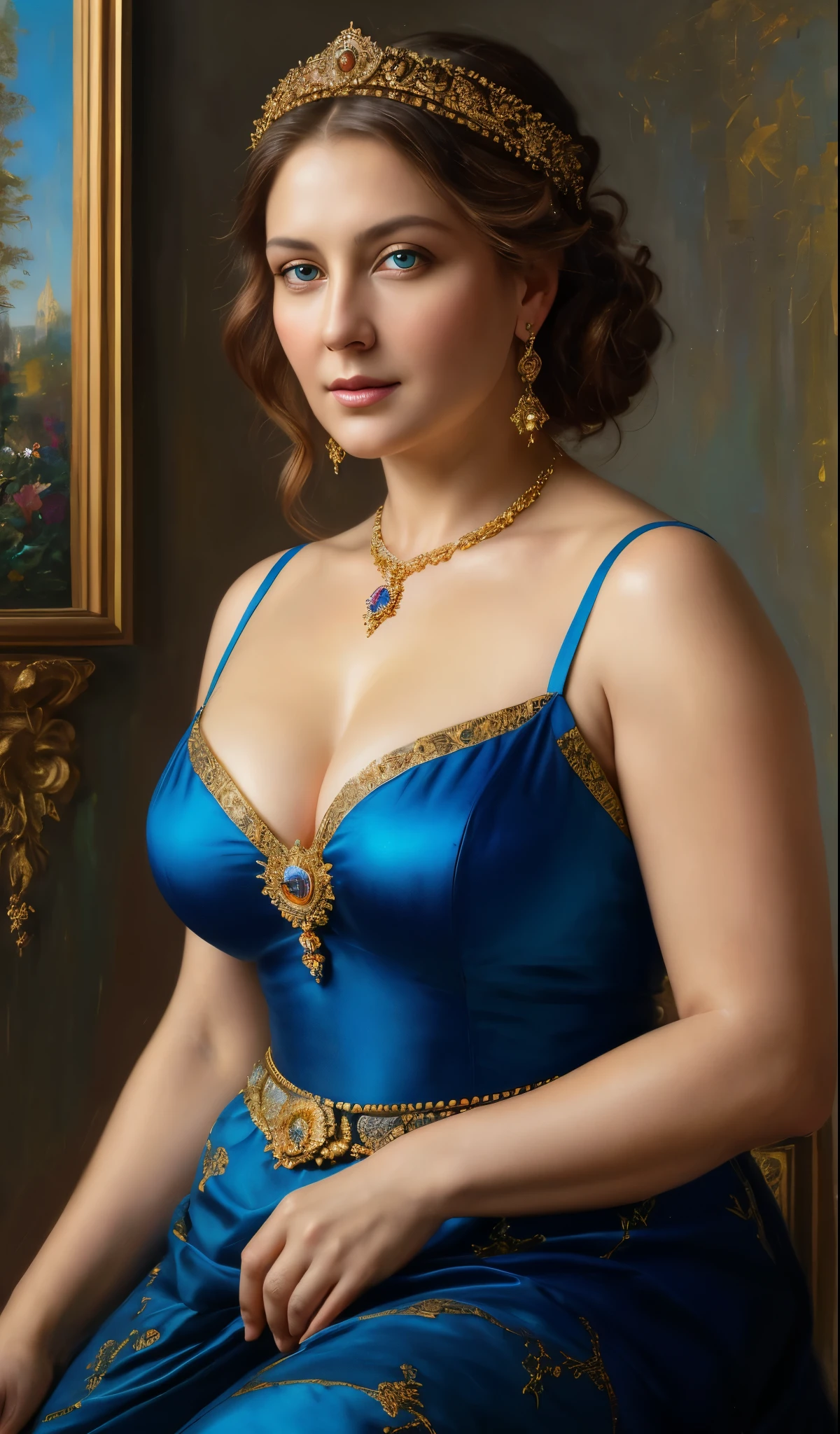 portrait, extremely gorgeous, 45 years old Woman, middle ages, thick figure, classicism, andrey atroshenko style, painting, pierced eyes, beautifully styled hair, traditional media, realistic, figurative, fine art, oil on canvas, HDR, 8K, original character, high resolution, vivid colours, high detail, focus on the face, beautiful eyes 