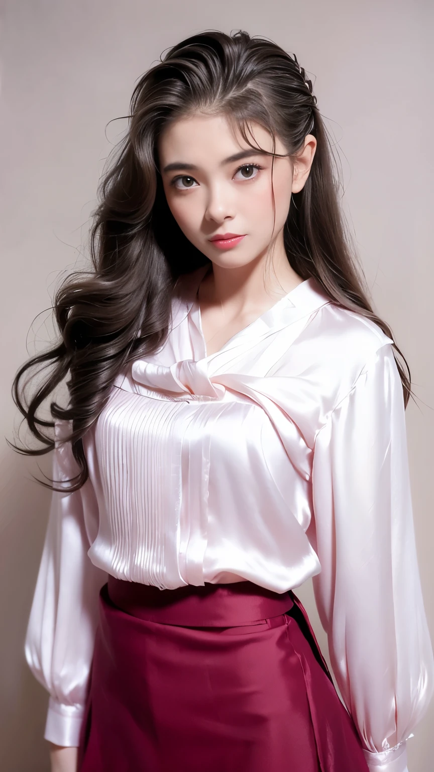 best quality, Realistic, super detailed, down to the last detail, High resolution, 4k wallpaper, Beautiful woman, small breasts, light brown super long hair, wore a suit, perfect dynamic composition, beautiful and delicate eyes, delicate hair, Round face model body type、mini skirt、drooping eyes、shy smile,((Hair with loose waves inside:1.2)),((Blouses and skirts, Wearing a silk blouse, wear a shirt and skirt:1.3)), 