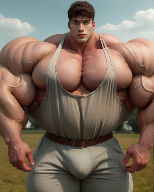 1 asian man, handsome, giant, buzz haircut, model shoot style, looking at camera, standing up, cool ambiance, outdoor, large dry meadows, strong body, bulk, wear tank top, prominent bulge triangular underwear, bulge, big, brutalmass, giant, muscular body, bulk, massive body, large meaty body size, brown skin, huge arms, ballooning meaty chests. Realistic