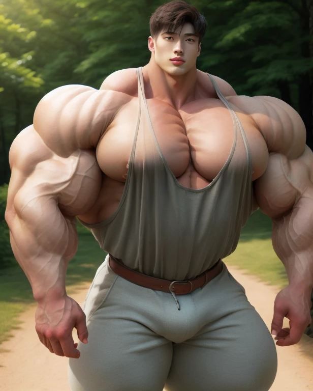 1 asian man, handsome, giant, buzz haircut, model shoot style, looking at camera, standing up, cool ambiance, outdoor, large dry meadows, strong body, bulk, wear tank top, prominent bulge triangular underwear, bulge, big, brutalmass, giant, muscular body, bulk, massive body, large meaty body size, brown skin, huge arms, ballooning meaty chests. Realistic