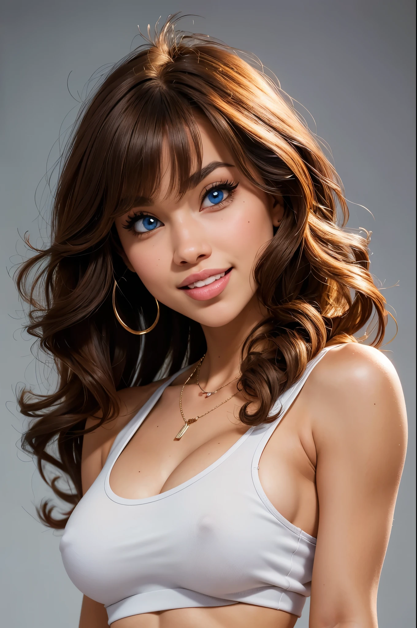 three-quarter body shot, shot, (crop top tee shirt:1.1), (tone abs:1.0), (shoulders back:1.1), (smile with mouth open:1.2), (looking at me:1.5) (Masterpiece, Professional lighting, 16k, 8k wallpaper, raw photo, photorealistic:1.8, ultra detailed, natural lighting, detailed skin, detailed face, detailed eyes), 1 beautiful playful girl, long curly blond hair with bangs, necklace, blue eyes, sexy gaze, (lips apart:1.2), (two front teeth overbite:1.0)