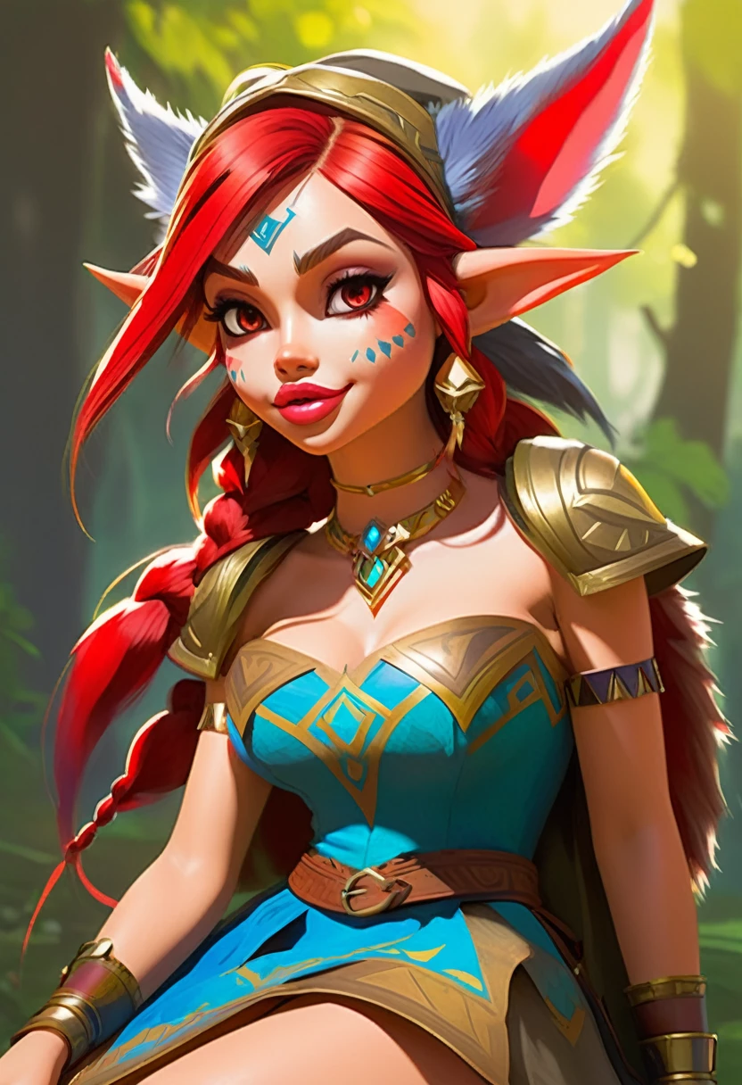 An Illustrated, Hand-Drawn, Full Color, Warm Lighting, Shadows, Graphite Shading, Stencil Marks, Airbrushed Acrylic Paint, In The Style Of Breath Of The Wild. ((Masterpiece)), ((Best Quality)), (Detailed), Luscious Lips, Image Of a goblin Girl, Female, Humanoid, Furry, Beauty, Cute, Adorable, red Skin Color, Hi Res, Sharp, Detailed Background, Wide Smile, Bright Eyes. Tall, long legs, long skirt, with bustle.