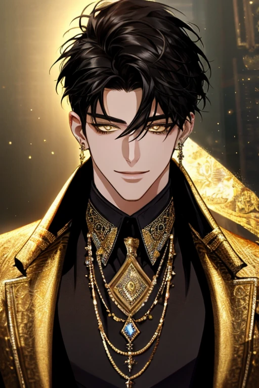 Masterpiece, highly detailed,absurdres, fine detail, HDR,
handsome FH_man, solo, looking at viewer, smile, shirt, black hair, 1boy, hair between eyes, jewelry, jacket, yellow eyes, upper body, male focus, earrings, necklace, ear piercing, ,masculine FH_face, fit FH_body