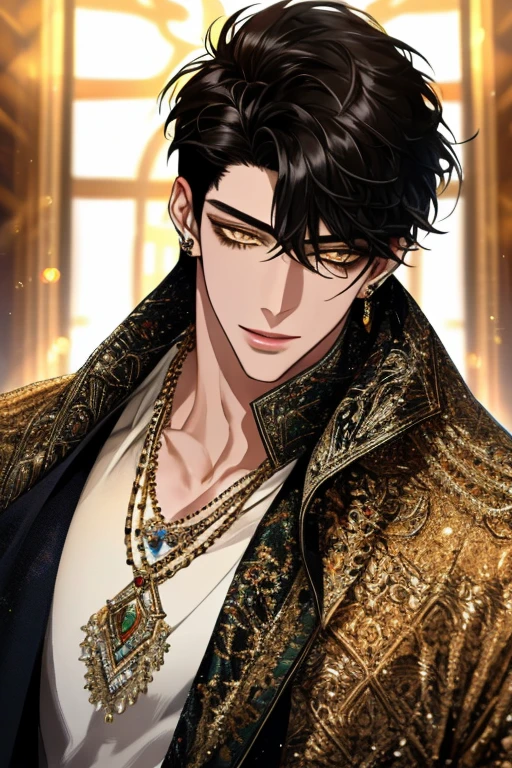 Masterpiece, highly detailed,absurdres, fine detail, HDR,
handsome FH_man, solo, looking at viewer, smile, shirt, black hair, 1boy, hair between eyes, jewelry, jacket, yellow eyes, upper body, male focus, earrings, necklace, ear piercing, ,masculine FH_face, fit FH_body