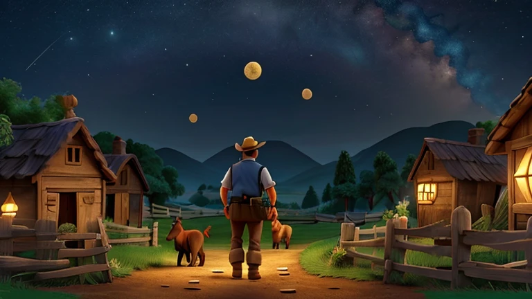 The farmer looking for his donkey in the darkness, segurando uma lanterna.