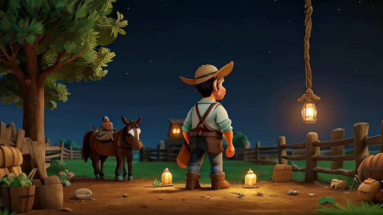 The farmer looking for his donkey in the darkness, segurando uma lanterna.