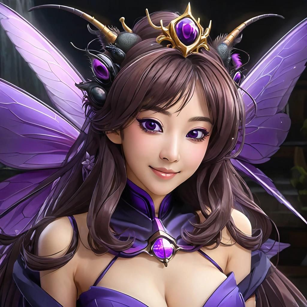 ((highest quality)), ((masterpiece)), (detailed), （Perfect Face）、((The woman is Katsuragi Marina, a grotesque purple fly demon with medium-long brown hair and purple fly-like stings.々He is a deformed fly demon, similar to Beelzebub, the Demon Lord of Flies, wearing a costume that resembles strange body hair, with fly antennae and four transparent fly wings growing from his back, and an engagement ring decorated with fly hair growing from his arm.２She is carried in the princess carry position by Beelzebub, the great demon king of flies, who has a book and four thin fly-like arms, and is loved by him while he gives her deep kisses.))、She became the wife of the Demon King of flies and became a demon of flies with a smile, and gained the same fly antennae and transparent eyes as the Demon King.４The body of the fly is purple with black borders.々The stinging like that of a dead fly々The woman is wearing a cute devil dress, a fly-themed tiara, fly earrings and other accessories all with a fly motif, and is carried in a princess carry by Beelzebub, the Demon King of the Flies. She smiles happily and hugs him and kisses him. She is loved and favored by Beelzebub, the Demon King of the Flies.、The man is Beelzebub, the monstrous demon king of flies, and caresses the woman, lifting her up in a princess carry, embracing her, rubbing her cheeks with him, kissing her and showing her affection.、（Demon King２He has one arm and four thin fly arms, and with those six arms he holds the woman tightly in a princess carry and kisses her deeply, pressing her against him.）