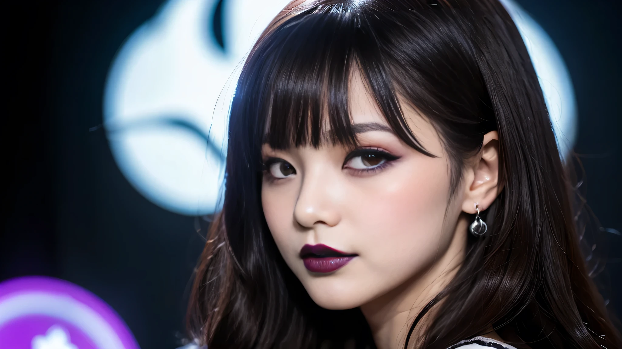 best quality、ultra-detailed、4k、Japanese、Seductive beauty、seductive adult woman、Pretty Woman、cool girl、Villainess、Brainwashed、brainwash、Fallen into evil、smirk、Evil look、Wicked Smile、evil、Brown hair、wavy hair、swept bangs、dark makeup、dark makeup、piercing eyes、hollow eyes,half-closed eyes、Hollow Eyes、purple Eyeshadow、black lipstick、black lipglos、pantyhose、night、inside darkroom、Are standing、Paint on the face、shoot from below、Have lipstick、Emblem of Evil、Crest of Darkness、Swear allegiance、I have pledged my allegiance、Dye black、Blackening、Stained with evil、Dyed in darkness、Seduce