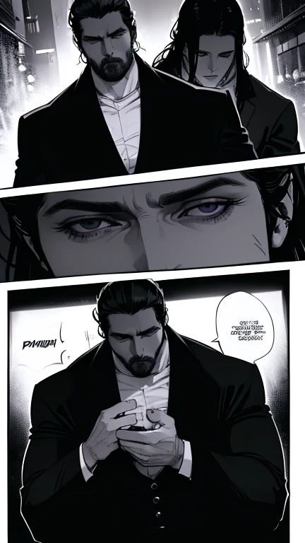 high detail, masterpiece, dramatic lighting(absurdres, highres, ultra detailed), extremely detailed CG unity 8k. mature face, adult man, man, mature man, muscular, tall, long dark black hair, sharp jawline, sharp eyes, muscular build, long earrings, mature man, piercings, formal black clothing, blood