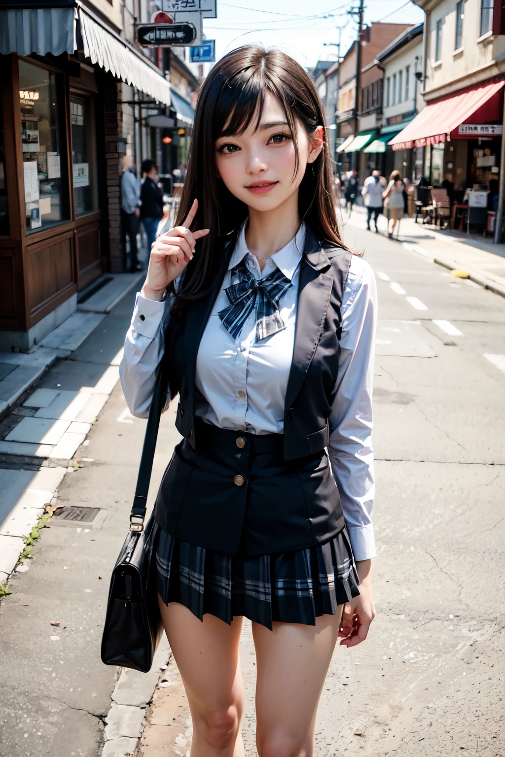very cute and beautiful girl,(highly detailed beautiful face),
standing in city square,town street,detailed legs,office lady plaid vest,long sleeve white blouse
BREAK (smile:1.2),blush,shy,looking at viewer,(holding bag),tight pleated black mini skirt,black hair,
(best quality,masterpiece),absurdres,highres,ultra-detailed,extremely detailed,32k,8k resolution,
intricate details,cinematic scene,detailed background,solo,dynamic angle,