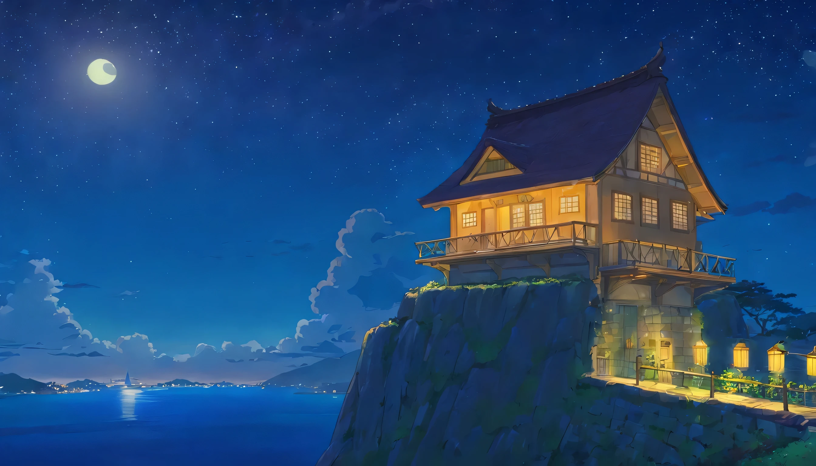 A house built on the top of a narrow hill、Stand on the roof of the house、 Reaching out towards the night sky、The night sky is the sea.、What I saw in the stars was a glowing fish、Wonderful landscape、In the distance, I can see the lights of the port town