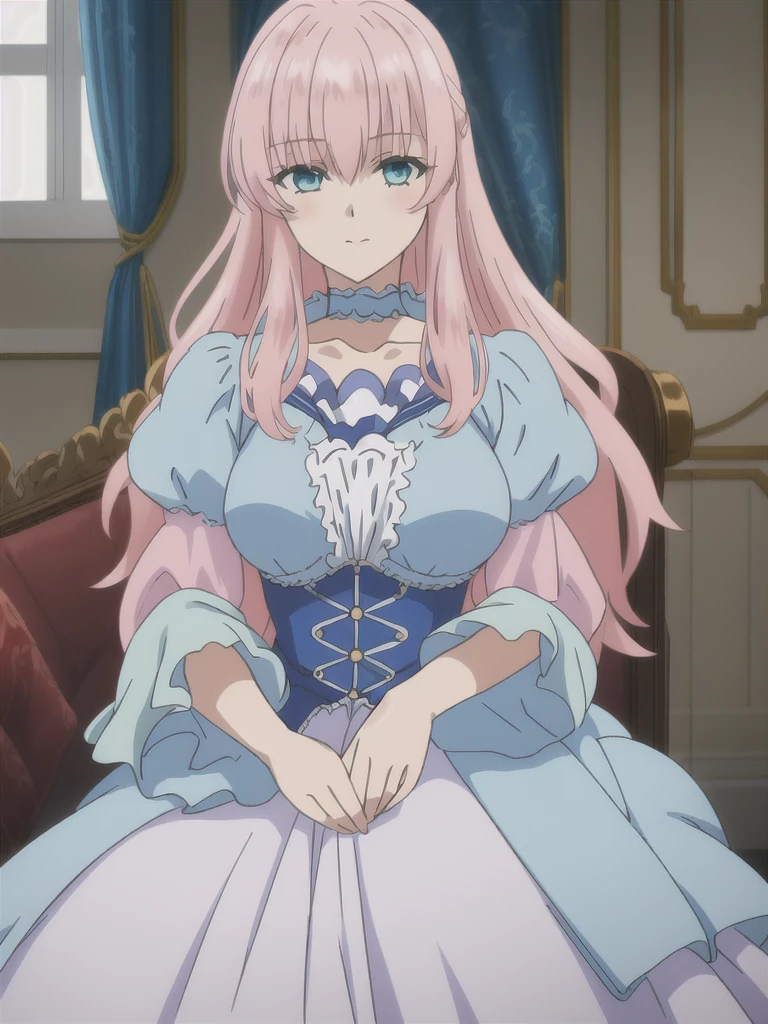 (((Best quality))),((Ultra-detailed)),((illustration)),((Disheveled hair)),((frilld)),(1 girl),
1girl , aqua eyes , blue choker , blue eyes , blurry , breasts , choker , collarbone , couch , curtains , depth of field , dress frills , indoors , long hair , looking at viewer , medium breasts , night , own hands together , pink hair , puffy sleeves , short sleeves , sitting , solo , window