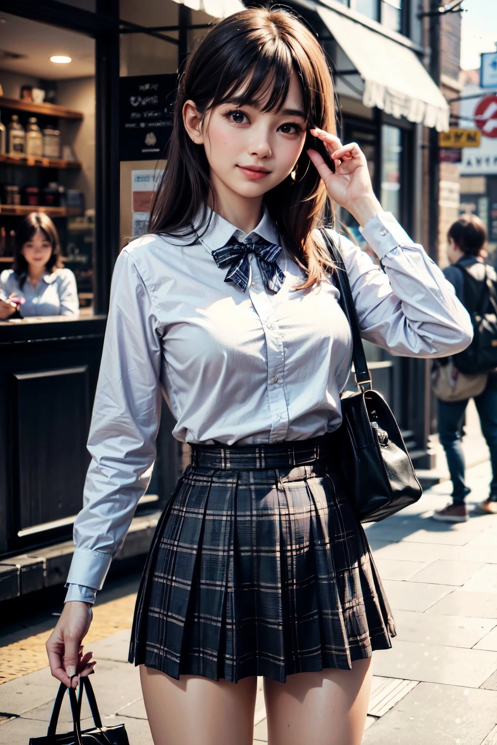 very cute and beautiful girl,(highly detailed beautiful face),
standing in city square,town street,detailed legs,office lady plaid vest,long sleeve white blouse
BREAK (smile:1.2),blush,shy,looking at viewer,(holding bag),tight pleated black mini skirt,black hair,
(best quality,masterpiece),absurdres,highres,ultra-detailed,extremely detailed,32k,8k resolution,
intricate details,cinematic scene,detailed background,solo,dynamic angle,