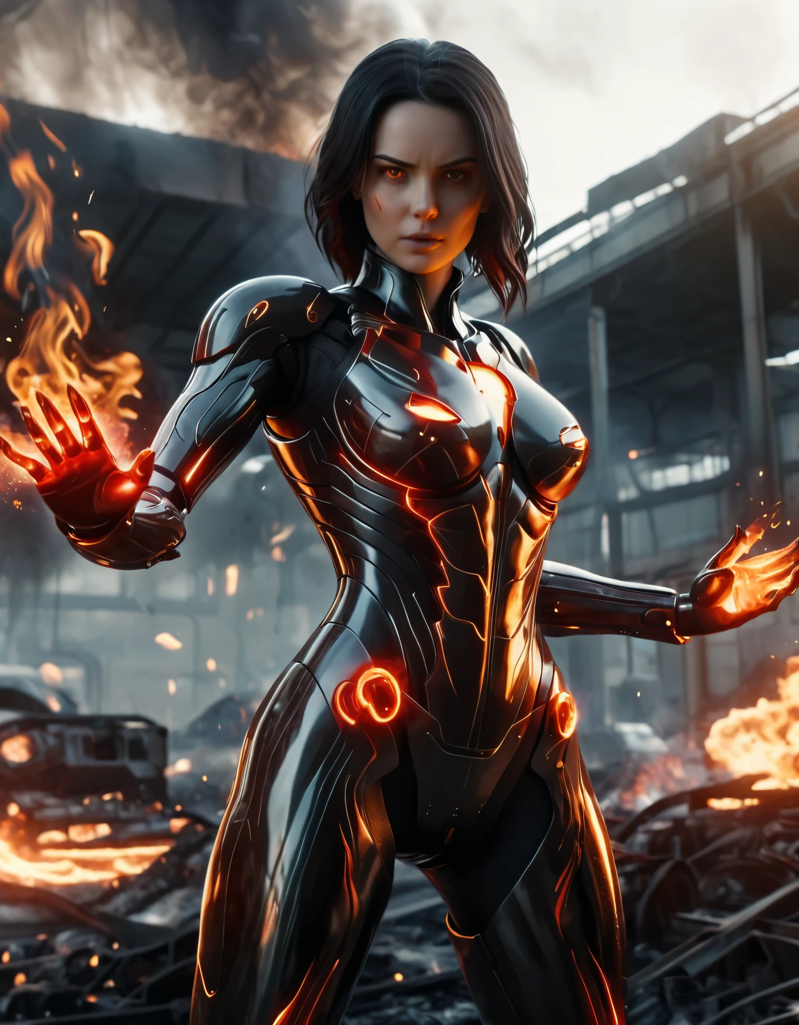 a dynamic and intense scene featuring a fierce-looking female character with flowing dark hair, dressed in a futuristic, armored bodysuit. The suit is primarily red with metallic accents, designed with intricate details and a high-tech appearance. The character is emanating powerful flames from her outstretched hand, with fire swirling around her, indicating that she possesses pyrokinesis or fire-related abilities. The background suggests an industrial or futuristic setting with muted tones, highlighting the fiery action in the foreground. The character's determined expression and the vivid depiction of flames create a sense of urgency and power. photo realistic, 8k, super vibrant color