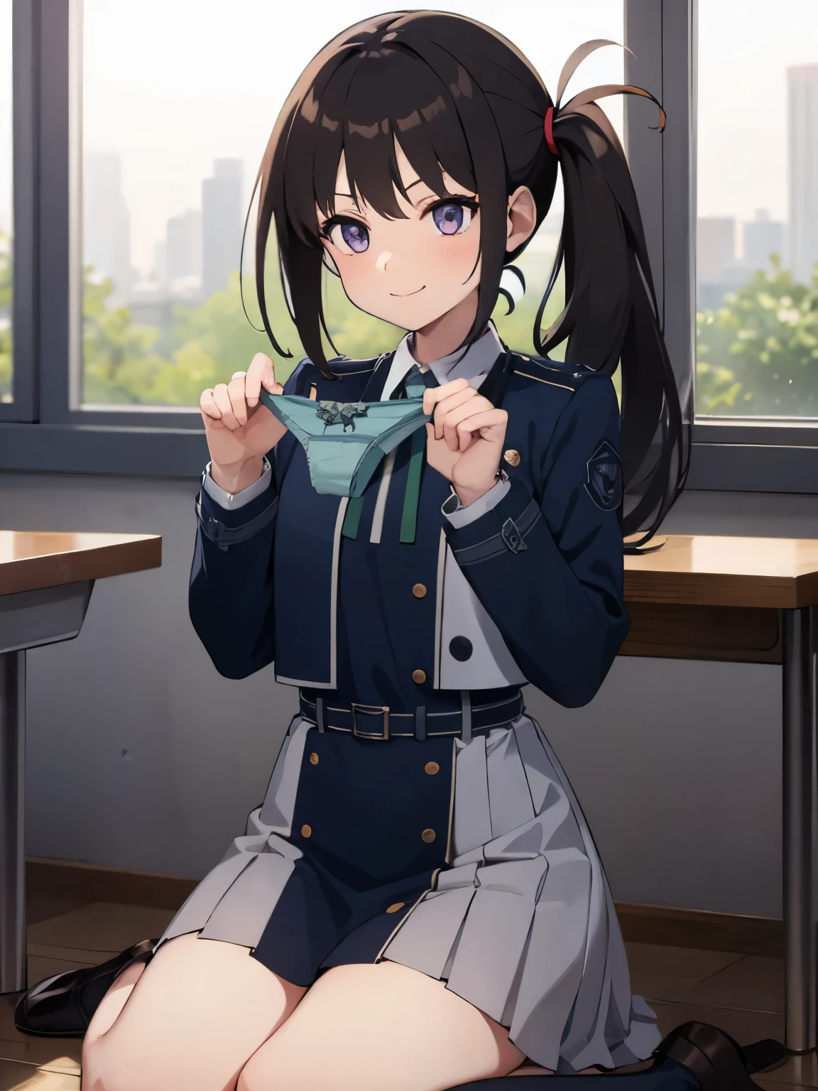 (masterpiece, 4K resolution, Ultra-realistic, Very detailed), girl、、、naby blazer、Sit on a chair、classroom、smile、Black Hair、Side Ponytail、Brown eyes, holding panties, presenting panties, Perfect Fingers、tie, blue panties, inoue takina, takinainoue, Inoue Takina, Long hair,(((low twin tales))), bangs, Black hair, (Purple eyes:1.2), BREAK shirt, Long sleeves, dress, ribbon, , White shirt, Collared shirt, belt, Neck ribbon, Blue dress, Green Ribbon, Pleated dress, grey dress, Two-tone dresses, Blue belt, Lycoris Uniform, BREAK outdoors, City, Break (Masterpiece:1.2), Best quality, high resolution, Unity 8k wallpaper, (illustration:0.8), (Beautiful detailed eyes:1.6), Extremely detailed face, Perfect lighting, Extremely detailed CG, (Perfect hands, Perfect anatomy),BREAK (sitting,wariza,twintale,bedroom),smile