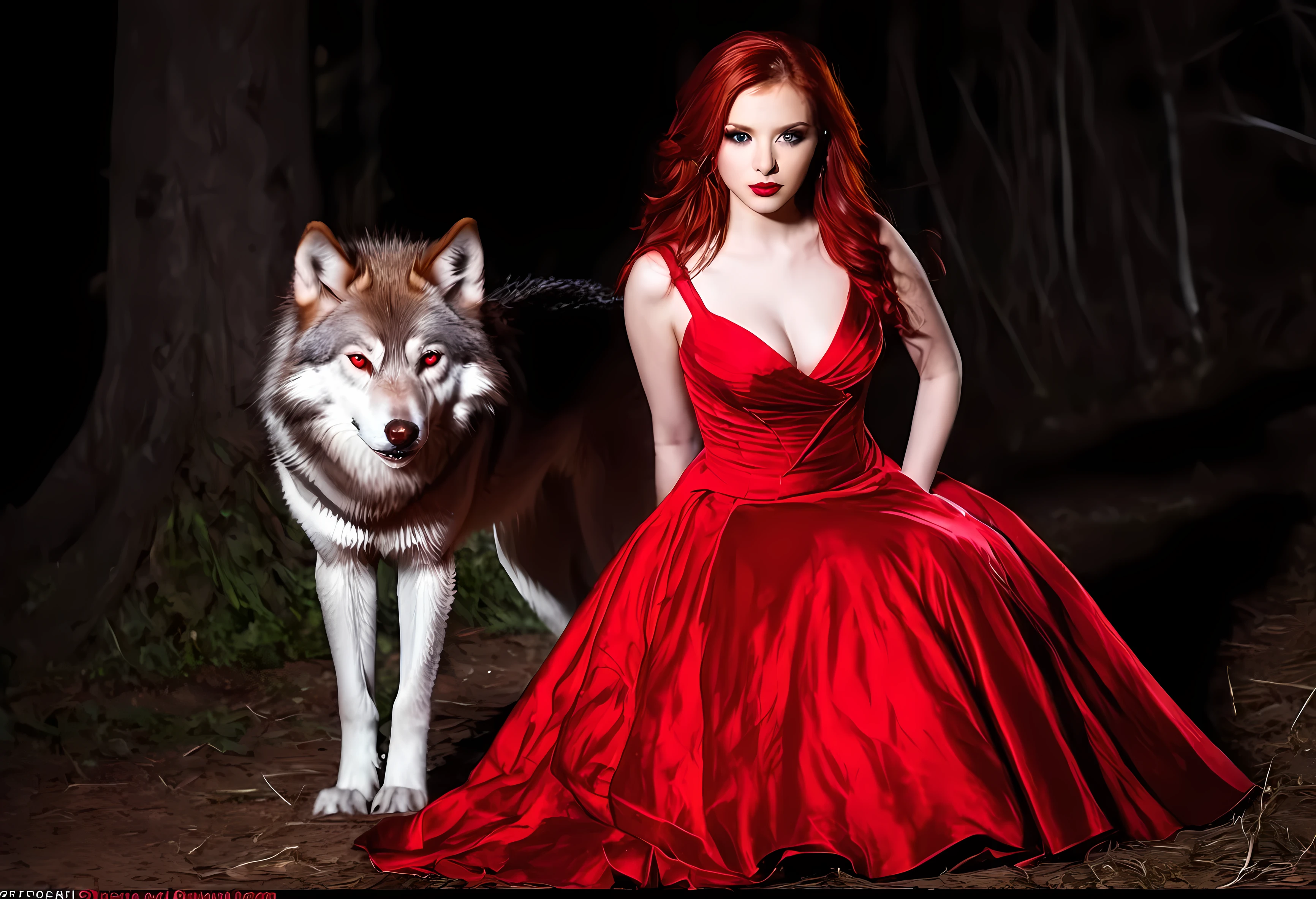 Beautiful girl, wearing red gown, warewolf behind her, red eyes, red hair,