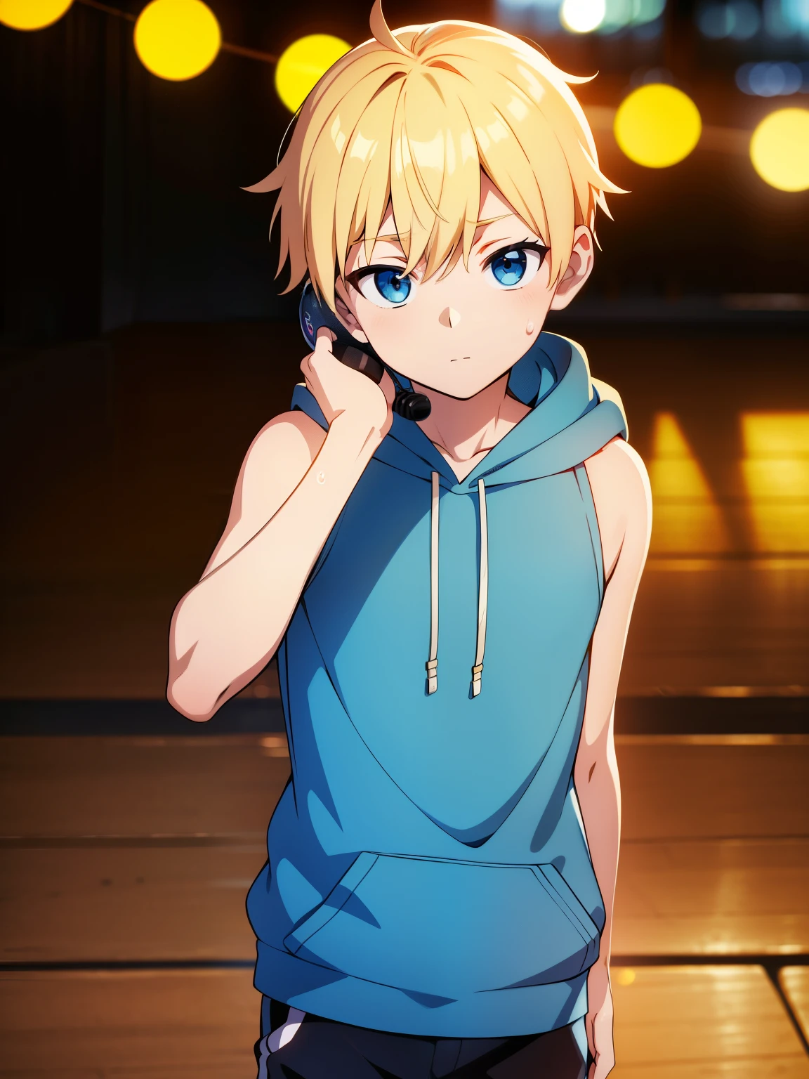 Highres, Masterpiece, Best quality at best,Best Quality,hight quality, hight detailed, 1boy, Boy, Shota, Blonde, Cute face, blue hoodie, Wearing headset, Sleeveless hoodie, Body, (very small and short stature), (very young boy), (very small and short body), -yeld bo desert, Sweat, Uhd, 8k, depth field, ray tracing, bokeh