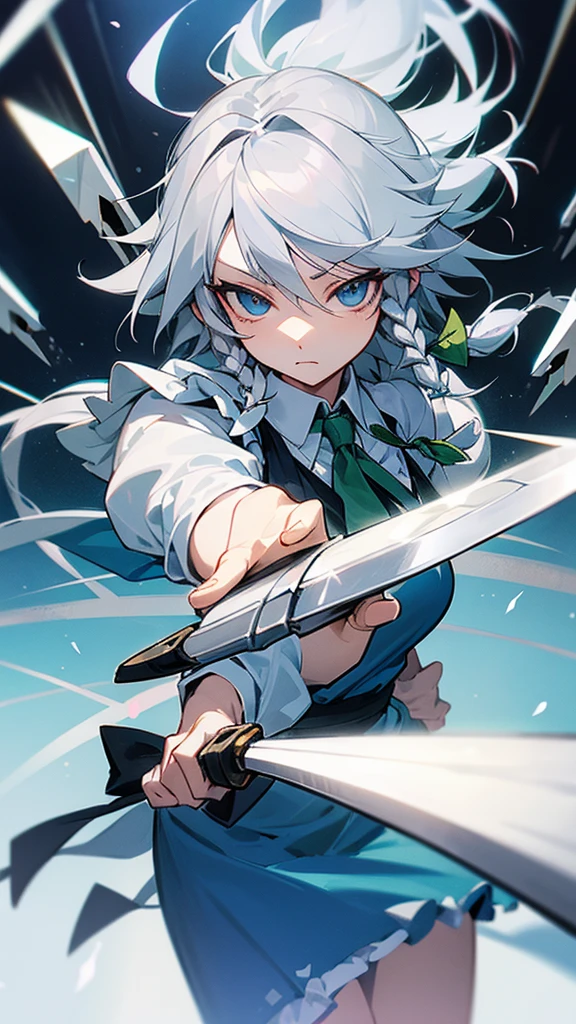 highest quality Neutral face woman I have long hair Odd Eye Gray Hair Sakuya Izayoi beautiful girl Cat ear cute Unfriendly kind Silver knife