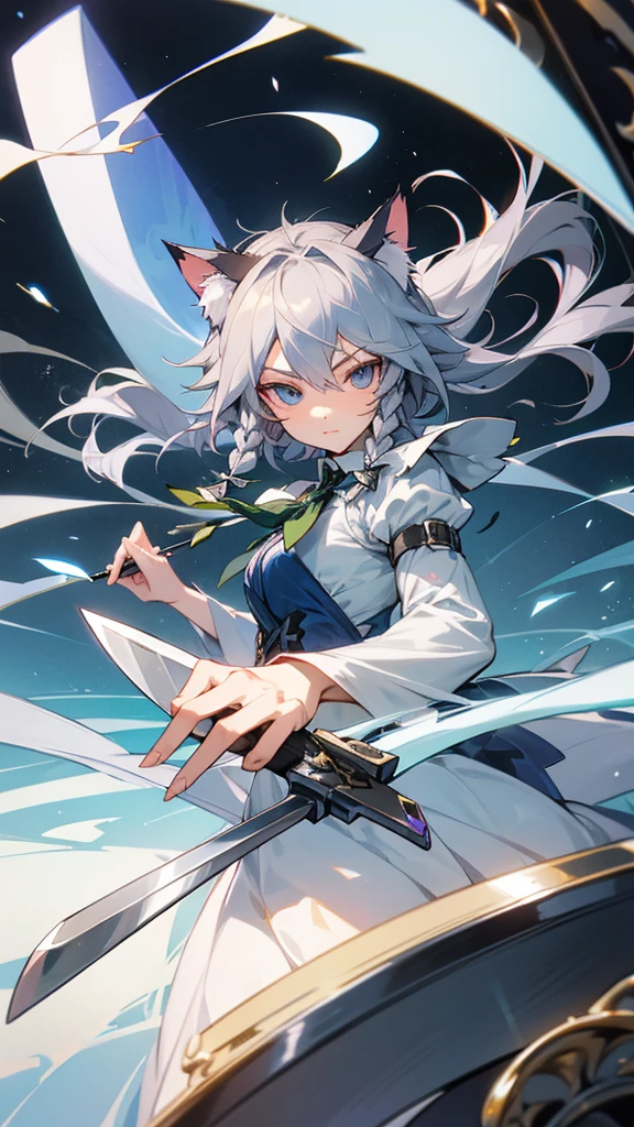 highest quality　Neutral face　woman　I have long hair　Odd Eye　Gray Hair　Sakuya Izayoi　beautiful girl　Cat ear　cute　Unfriendly　kind　Silver knife