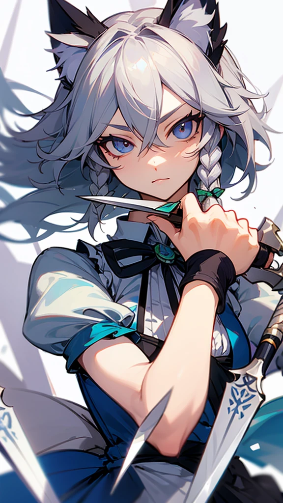 highest quality　Neutral face　woman　I have long hair　Odd Eye　Gray Hair　Sakuya Izayoi　beautiful girl　Cat ear　cute　Unfriendly　kind　Silver knife