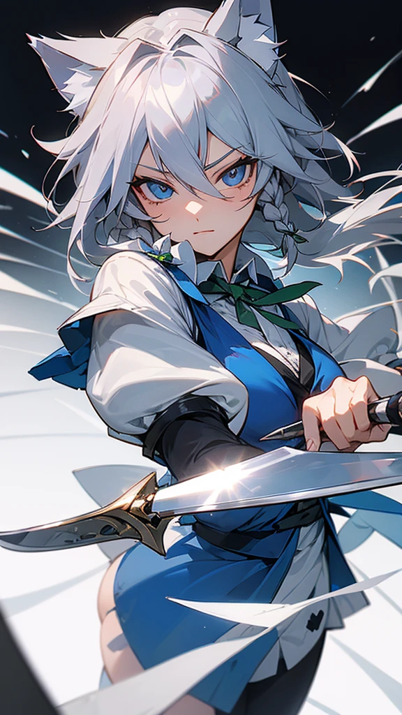 highest quality Neutral face woman I have long hair Odd Eye Gray Hair Sakuya Izayoi beautiful girl Cat ear cute Unfriendly Silver knife