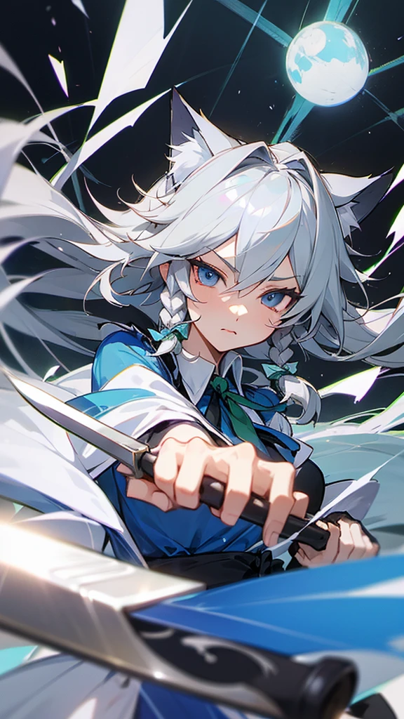 highest quality Neutral face woman I have long hair Odd Eye Gray Hair Sakuya Izayoi beautiful girl Cat ear cute Unfriendly Silver knife