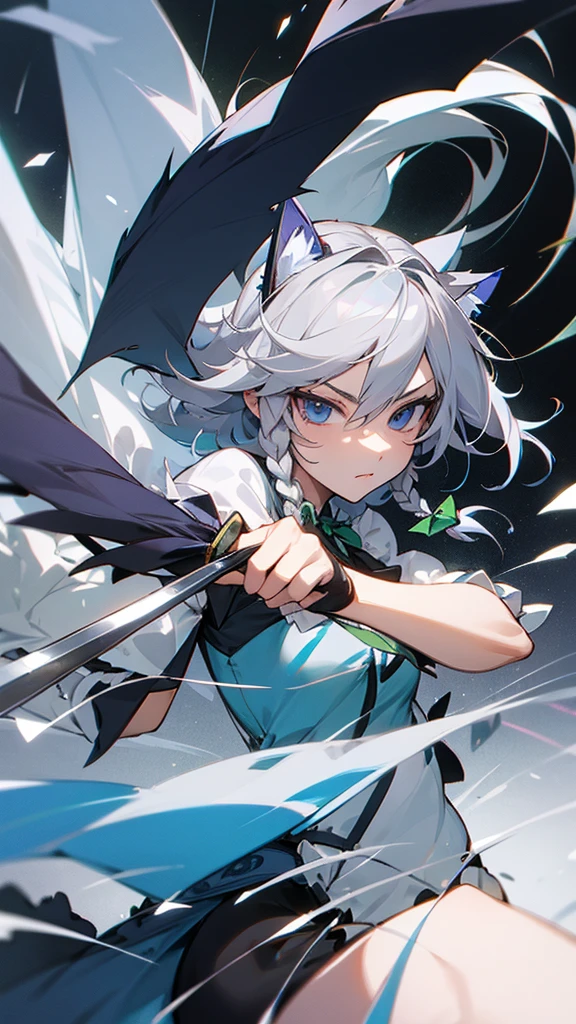 highest quality　Neutral face　woman　I have long hair　Odd Eye　Gray Hair　Sakuya Izayoi　beautiful girl　Cat ear　cute　Unfriendly　Silver knife