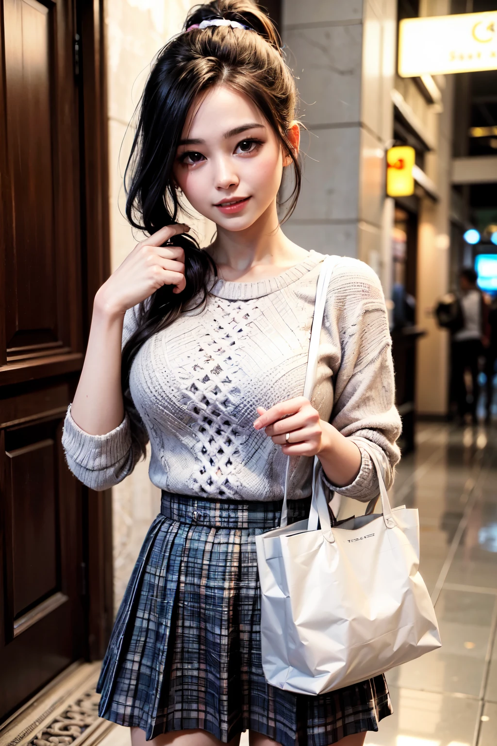 very cute and beautiful girl,(highly detailed beautiful face),
(smile:1.2),happy,embarrassed,looking at viewer,(argyle pattern sweater),cowboy shot,(white and pink plaid skirt),
standing in front of hotel entrance in modern capital city,night,holding tote bag,black hair,low ponytail,
(best quality,masterpiece),absurdres,highres,ultra-detailed,extremely detailed,32k,8k resolution,
intricate details,cinematic scene,detailed background,solo,dynamic angle,