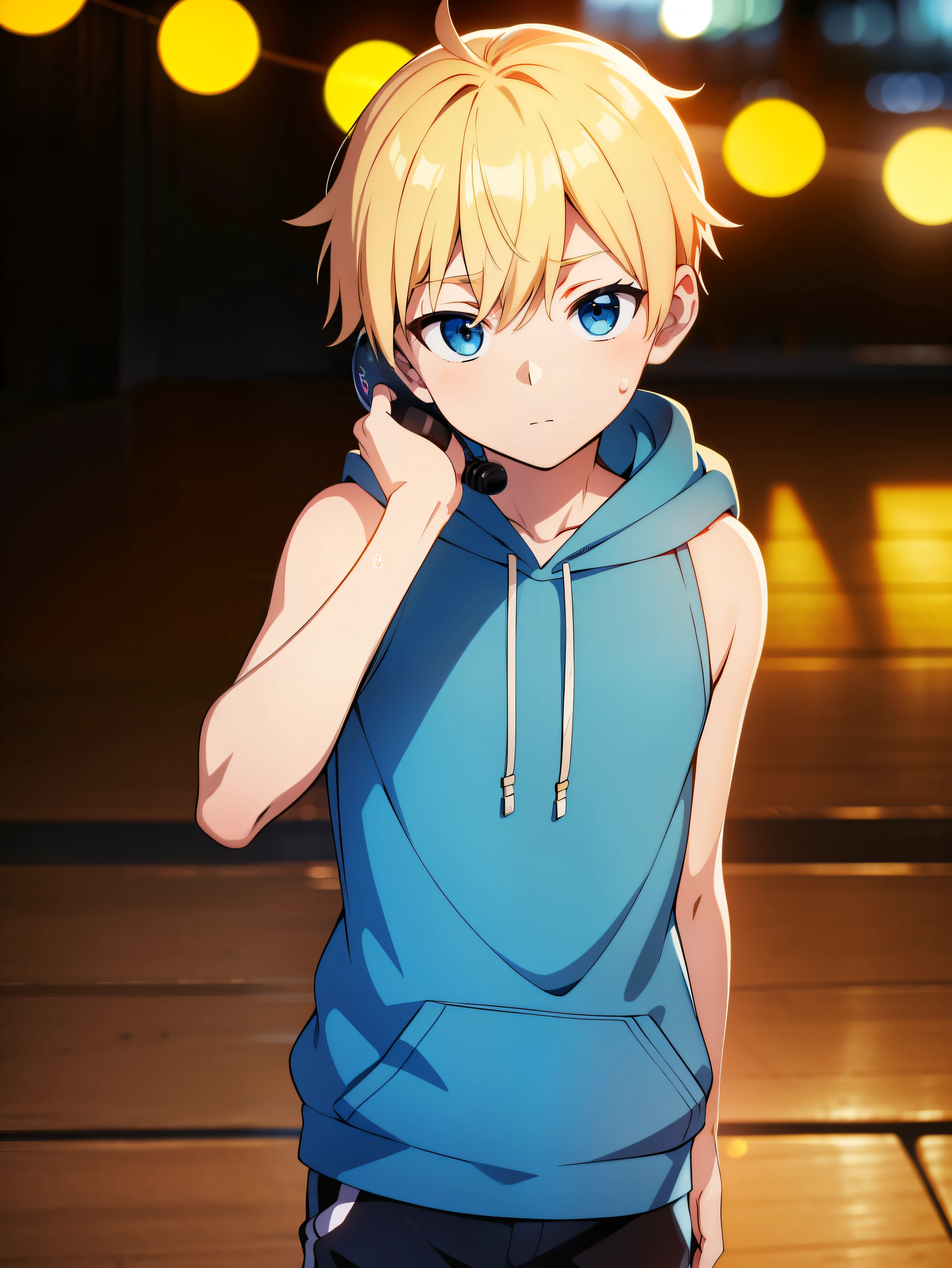 Highres, Masterpiece, Best quality at best,Best Quality,hight quality, hight detailed, 1boy, Boy, Shota, Blonde, Cute face, blue hoodie, Wearing headset, Sleeveless hoodie, Body, (very small and short stature), (very young boy), (very small and short body), 12-year-old boys, desert, Sweat, Uhd, 8k, depth field, ray tracing, bokeh