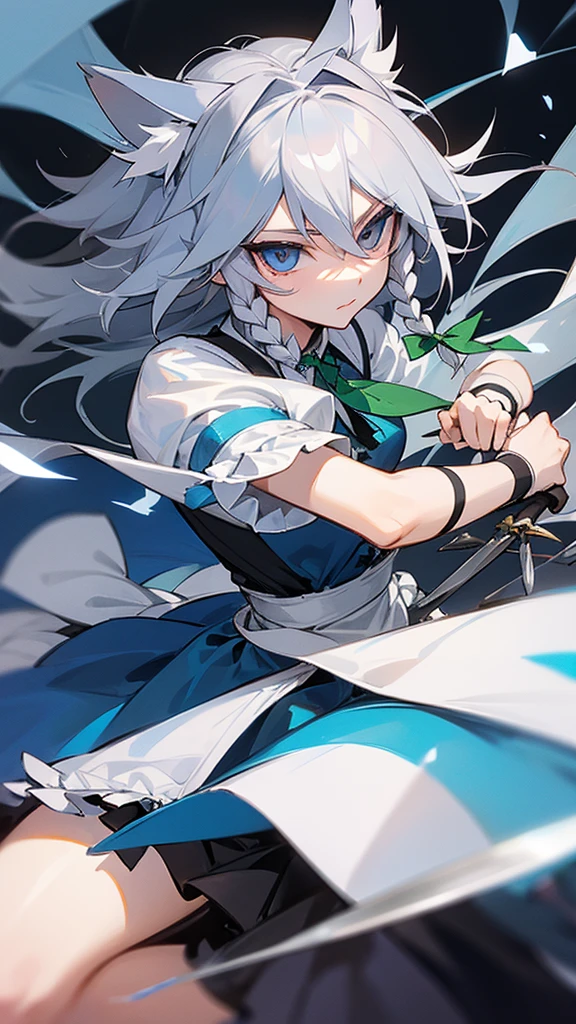 highest quality Neutral face woman I have long hair Odd Eye Gray Hair Sakuya Izayoi beautiful girl Cat ear cute Silver knife