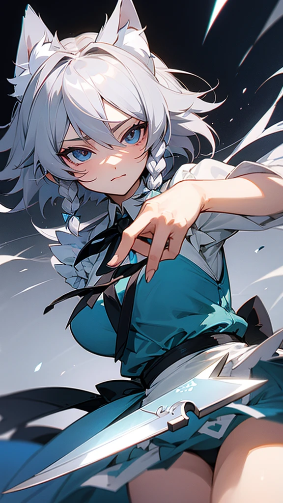 highest quality Neutral face woman I have long hair Odd Eye Gray Hair Sakuya Izayoi beautiful girl Cat ear cute Silver knife
