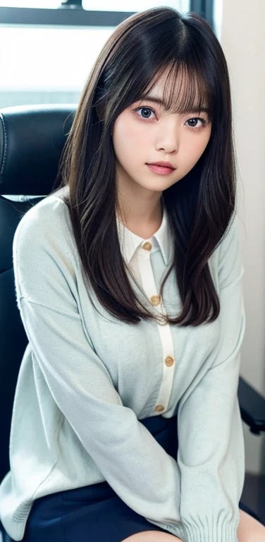 masterpiece, highest quality, 8k, 20th generation, Big Breasts, cute, alone, sad, cute, Girlish,cute 繊細な女の子, cute、Pure beauty,  RAW Photos, Professional photography, Portraiture, Soft Light, Professional Lighting, Backlight, Upper Body, avert your eyes, Sophisticated, Film Grain, (Eye and facial details:1.0), Round face、Floating Hair, beautiful, Flowing hair, Asymmetrical bangs、(Big Breasts:1.0)、Navy blue cardigan、whiteＴshirt、Micro Mini Skirt、Voluptuous thighs、dolly make、Heterochromia iridiidday Office、sitting in an office chair