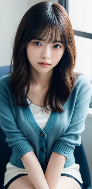 masterpiece, highest quality, 8k, 20th generation, Big Breasts, cute, alone, sad, cute, Girlish,cute 繊細な女の子, cute、Pure beauty, RAW Photos, Professional photography, Portraiture, Soft Light, Professional Lighting, Backlight, Upper Body, avert your eyes, Sophisticated, Film Grain, (Eye and facial details:1.0), Round face、Floating Hair, beautiful, Flowing hair, Asymmetrical bangs、(Big Breasts:1.0)、Navy blue cardigan、whiteTshirt、Micro Mini Skirt、Voluptuous thighs、dolly make、Heterochromia iridiidday Office、sitting in an office chair