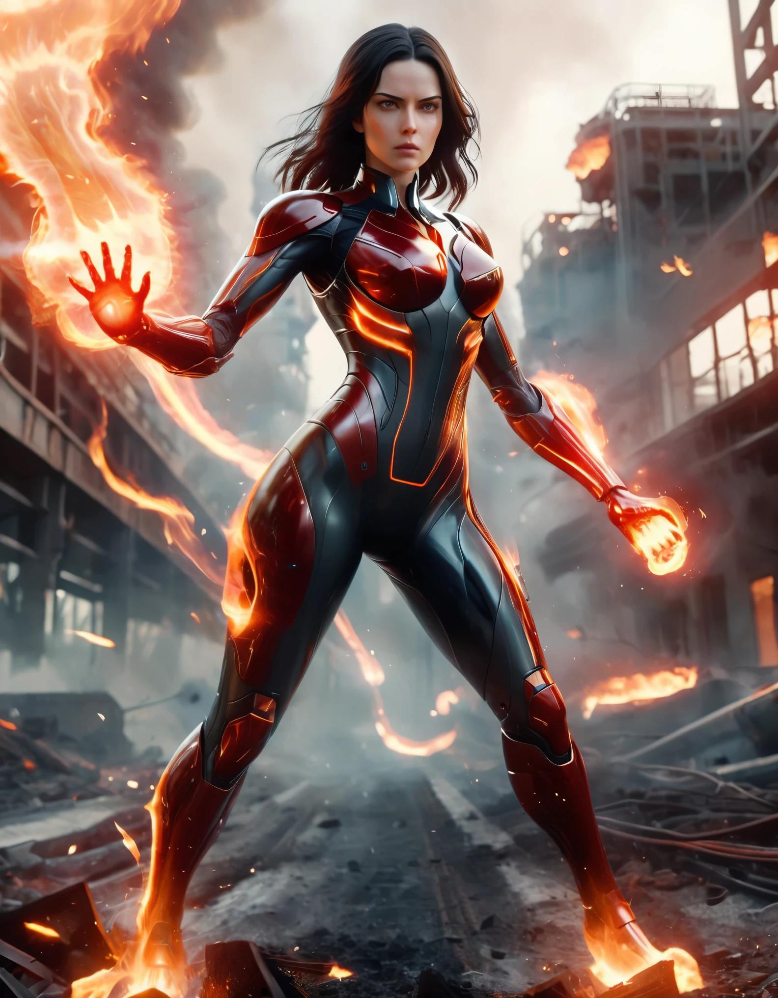 a dynamic and intense scene featuring a fierce-looking female character with flowing dark hair, dressed in a futuristic, armored bodysuit. The suit is primarily red with metallic accents, designed with intricate details and a high-tech appearance. The character is emanating powerful flames from her outstretched hand, with fire swirling around her, indicating that she possesses pyrokinesis or fire-related abilities. The background suggests an industrial or futuristic setting with muted tones, highlighting the fiery action in the foreground. The character's determined expression and the vivid depiction of flames create a sense of urgency and power. photo realistic, 8k, super vibrant color, distant full body shot