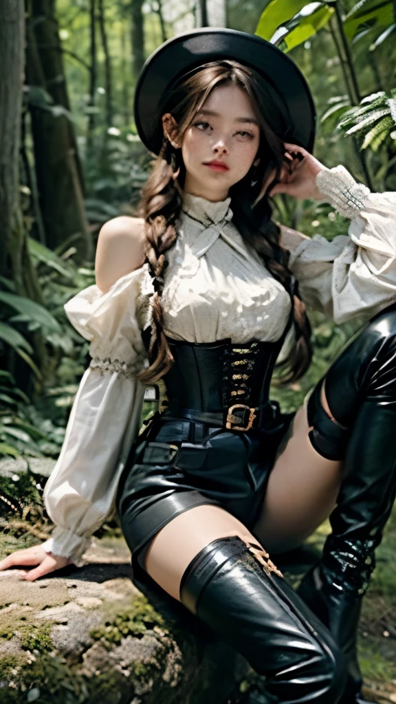Realistic oil painting + Korean woman about 19 years old, with strong slanted Asian blue eyes, brown hair with shoulder-length messy golden curly locks with two large braids) + The outfit consists of a white high-necked blouse with ruffled sleeves, combined with a corset style bodice that is predominantly white with brown trim. Over the blouse and bodice she wears a dark brown jacket with structured shoulders and adorned with straps and buckles. The bottom of the ensemble includes black shorts that match the jacket, complemented by black thigh-high boots with brown details that echo the design of the bodice. Accessories include a dark brown top hat, fingerless gloves, and multiple pockets attached to belts around the waist and thigh, contributing to the intricate aesthetic + Sitting on a Rock pose + Forest Background + Full Panel