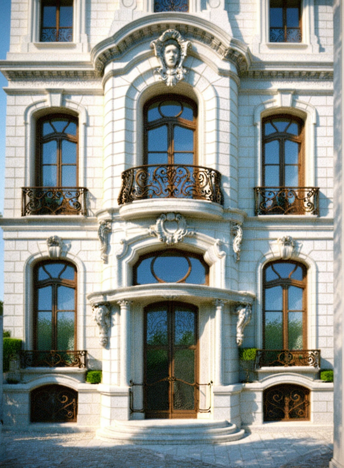 neoclassic house, exterior design, (white wall:1.2), (cornice details, neoclassical relief details), (iron gate), (reflection glass Tree shadow scattering), window, (focus on object), (Neutral lighting is suitable for the neoclassic house, light color thermometer lighting), (architectural design visualization), (focus on object), (material normal bump real reflection), (scattered light), (light ray), (multi-beam light), (sunbeam) (multi-level reflection), (chao vantage software visualization render),(((Best Quality))), ((Masterpiece)), ((best illustration)), ((best shadows)), ((Super Detail)), (Intricate lines), (Photorealism),(hyper detail), ((archdaily)), ((award winning design)), (dynamic light), ((dawn sun light )), (perfect light), (shimering light), ((photorealistic)), ((intricate detail)), ((extreme detail)), ((crazy detail)), ((octane render)), ((trending on artstation)), ((High-fidelity)), ((Viwvid)), ((Crisp)), ((Bright)), ((Stunning)), ((Eye-catching)), ((High-quality)),((Sharp))((Bright)), ((Stunning)), ((natural sun environment)), ((Eye-catching)), ((Illuminating)), ((Flawless)), ((High-quality)),((Sharp edge render)), ((medium soft lighting)), ((photographic render)), ((detailed archviz)), ((reality environment)), (neoclassic house design architectural design facade), (neoclassic house facade roof design), (neoclassic house facade wall design), (neoclassic house facade decoration material design) (neoclassic house facade door and window design), (environmental lighting design), (neoclassic house facade lighting design), (neoclassic house front gate and fence design), (tree decoration design for neoclassic house facade), (Design lights for gate posts and fences), (neoclassic house facade railing design), (level of photo realism, depends on lighting, materials, composition, Real-Time Rendering, based on chao vantage timage rendering graphics software)