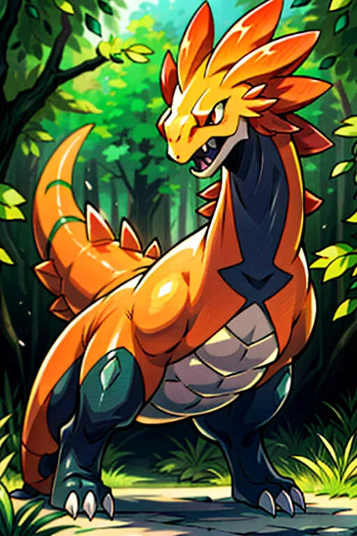 masterpiece, best quality, SFW, (safe for work),wide shot,1Digimon, solo, sharp teeth, wide mouth, claws, data type digimon, pink, (An orange bipedal reptile-like digimon, with dinosaur traits, and a leafy crest, resembling Greymon),digimon style,(champion level digimon), dark forest background