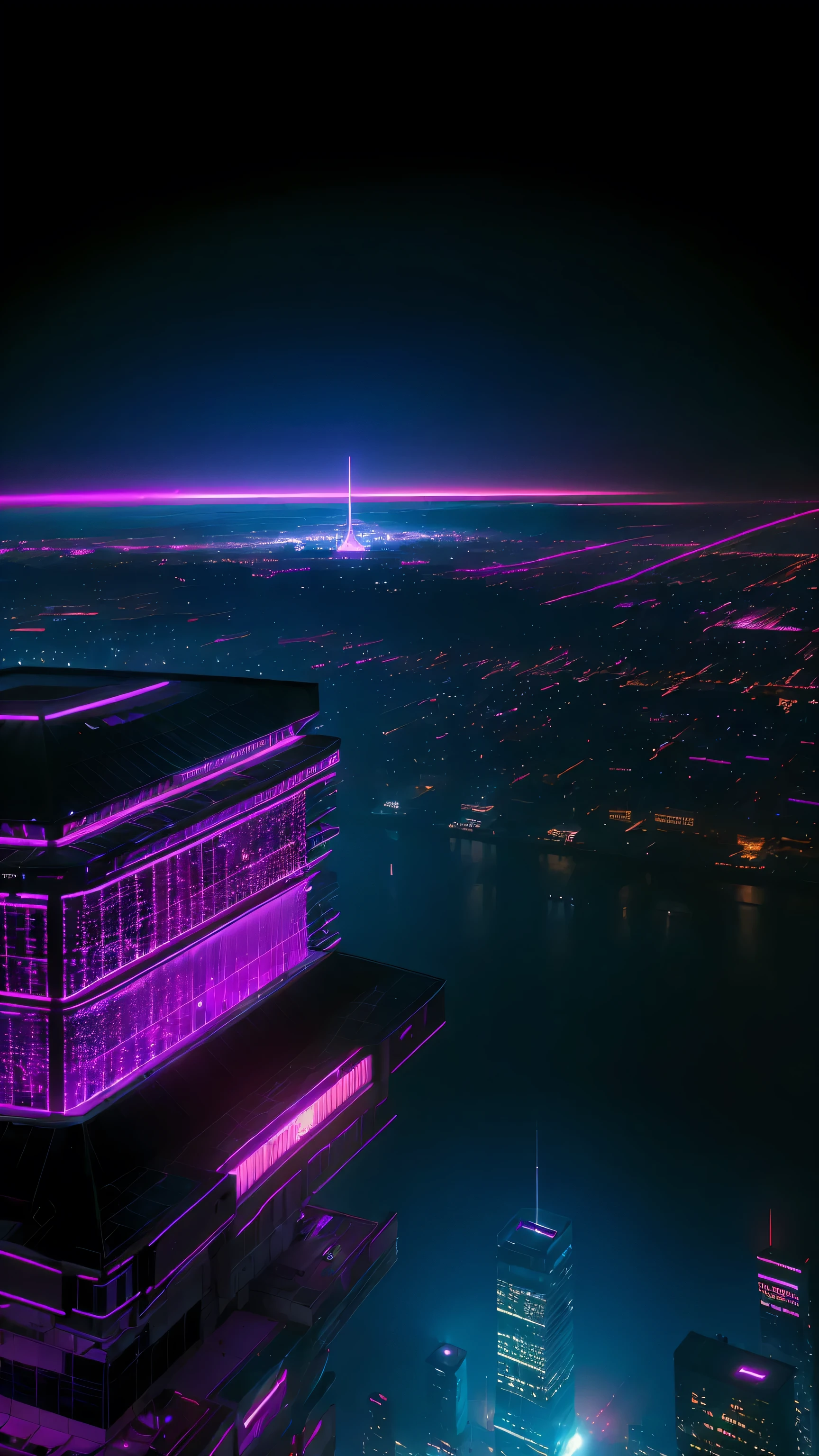conceito:(((This is a photographic masterpiece of a near-future city, where there is a robot looking down from above portraying a cyberpunk worldview.)))。 qualidade:(highest quality, 4k, 8K, high resolution, Obra de arte:1.2), Super detalhado, (realista, Photorealista, Photorealista:1.37), lighting: cinematic light, Cores brilhantes e efeitos hipnotizantes em tons de roxo, rosa e azul, contrast between darkness and bright light, sombras e destaques, Elementos SF, Subject information: Aerial photo of Cyber City, de cima, arquitetura futurista, glowing neon lights, Amazing skyline, Advanced technology, , (((A beautiful image of a cybercity drawn from the perspective of de cima:1.3))) Outros detalhes: atmosfera animada, Holographic advertising, cyberpunk aesthetic, , some stars shining in the sky, tecnologias emergentes, densidade urbana, energy and excitement, attractive composition, neon glow, Cores ricas, soft brushstroke technique, textura detalhada, escala impressionante, (((projeto ciberpunk))), Projeto elaborado, escala impressionante, Atmospheric lighting, detalhes cativantes, visuais cativantes, Artistic, 500㎜, f/4, photoshoot,